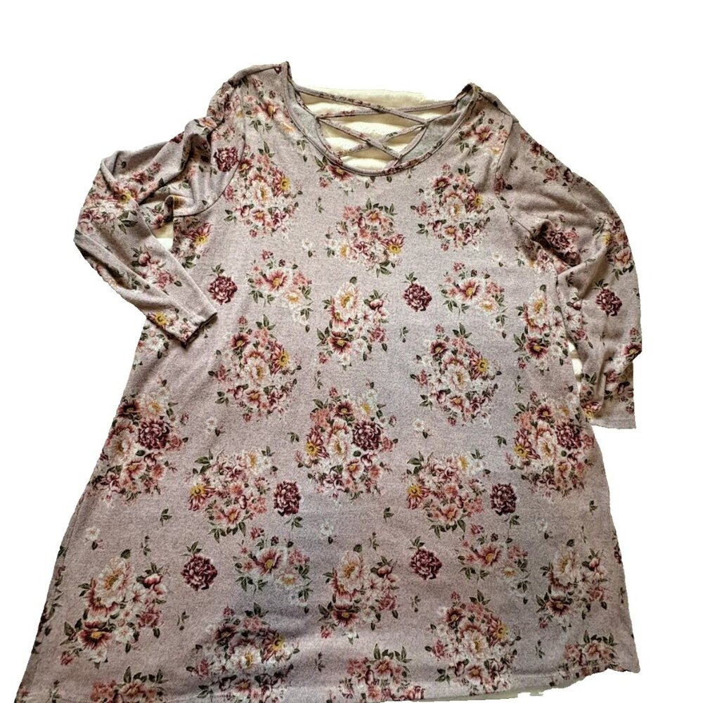 Just Be Women's Multi Color Floral Gray Round Neck Long Sleeve Dress Size 3X